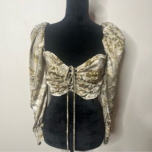 MABLE Women’s Green Snake Print‎ Long Sleeve Lace Front Cropped Blouse Sz M NWT